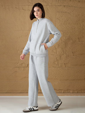 Grey Melange Fleece Sweatshirt With Sweatpants-SASSAFRAS