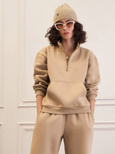 Beige Fleece Front Zipper Sweatshirt-SASSAFRAS