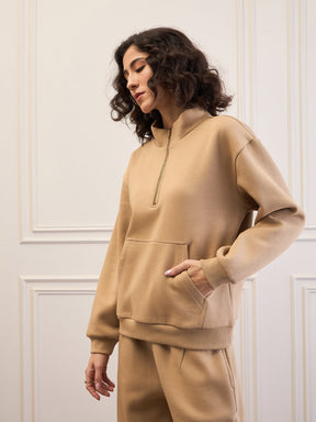 Beige Fleece Front Zipper Sweatshirt-SASSAFRAS