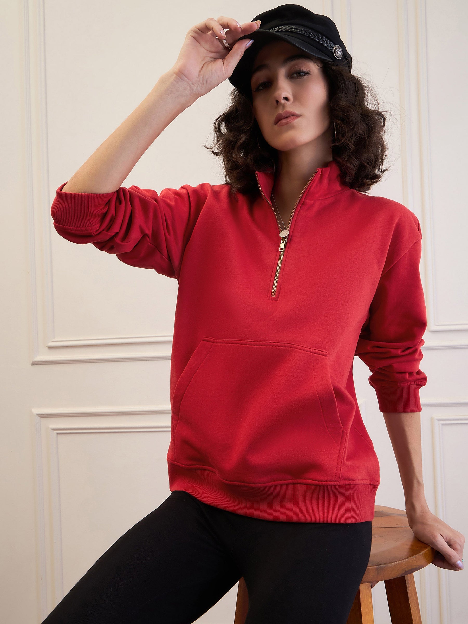 Red Fleece Front Zipper Sweatshirt-SASSAFRAS