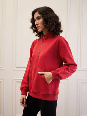 Red Fleece Front Zipper Sweatshirt-SASSAFRAS