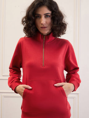 Red Fleece Front Zipper Sweatshirt-SASSAFRAS