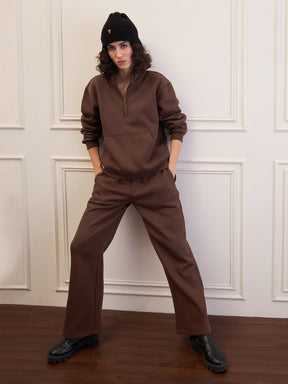 Dark Brown Fleece Front Zipper Sweatshirt With Sweatpants-SASSAFRAS