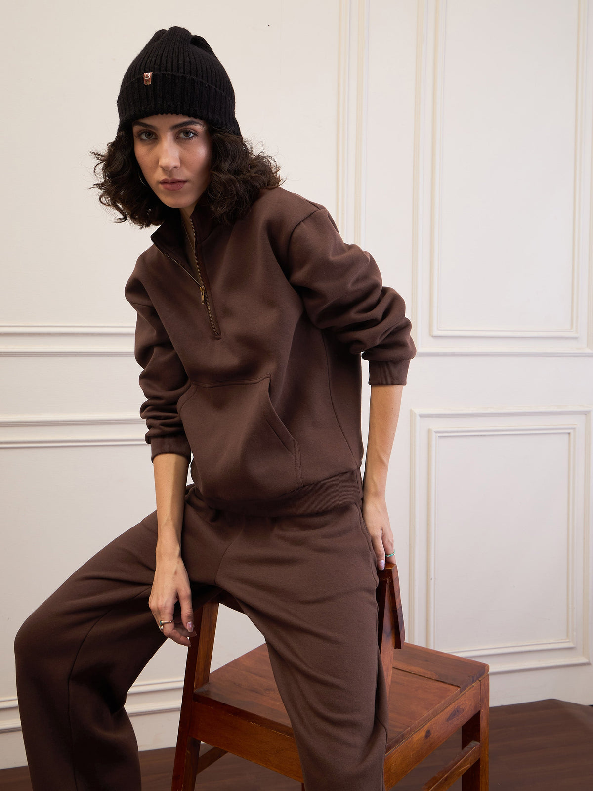 Dark Brown Fleece Front Zipper Sweatshirt With Sweatpants-SASSAFRAS