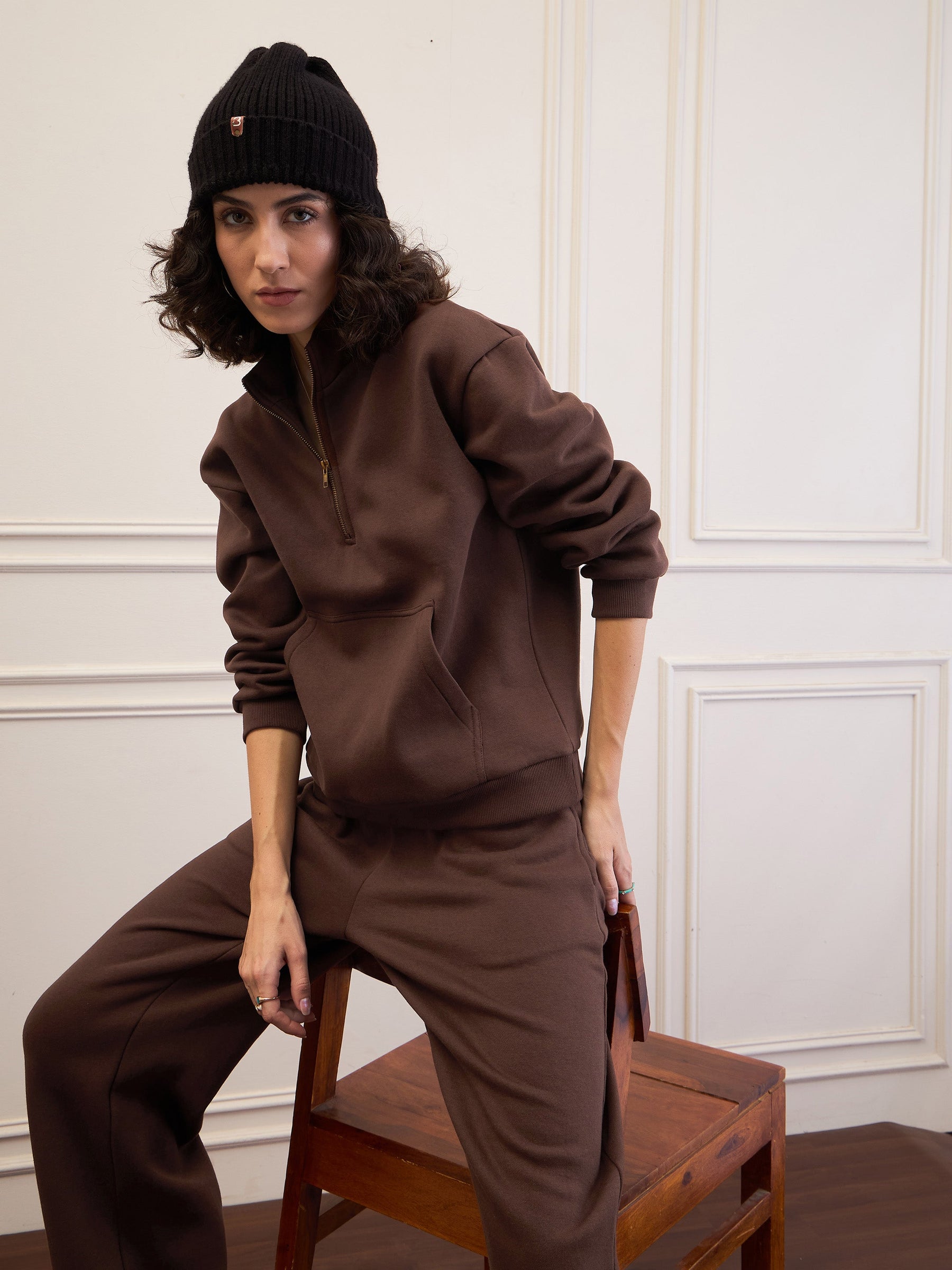 Dark Brown Fleece Front Zipper Sweatshirt With Sweatpants-SASSAFRAS
