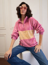 Pink Fur Colour Block High Neck Zipper Sweatshirt-SASSAFRAS