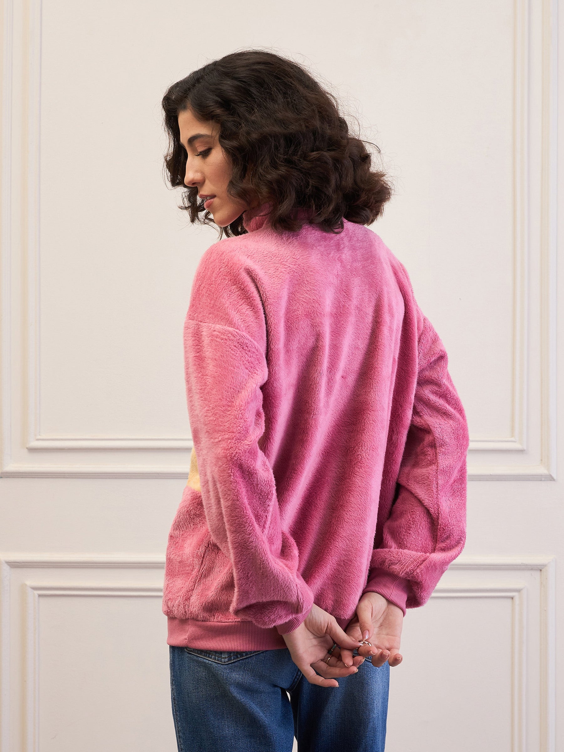 Pink Fur Colour Block High Neck Zipper Sweatshirt-SASSAFRAS