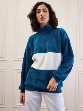 Blue Fur Colour Block High Neck Zipper Sweatshirt-SASSAFRAS