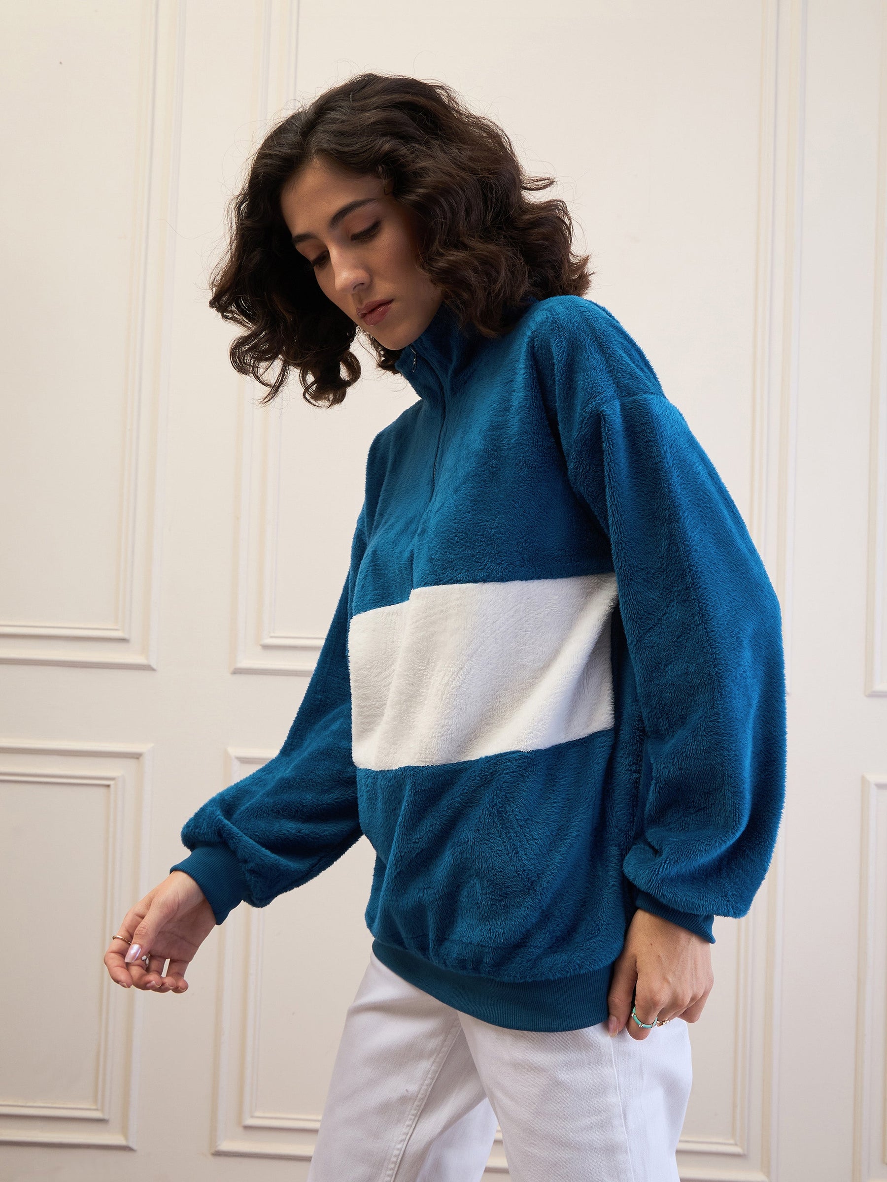 Blue Fur Colour Block High Neck Zipper Sweatshirt-SASSAFRAS