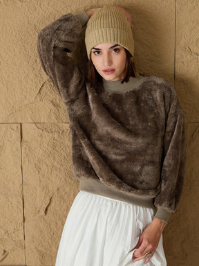 Brown Fur High Neck Sweatshirt-SASSAFRAS