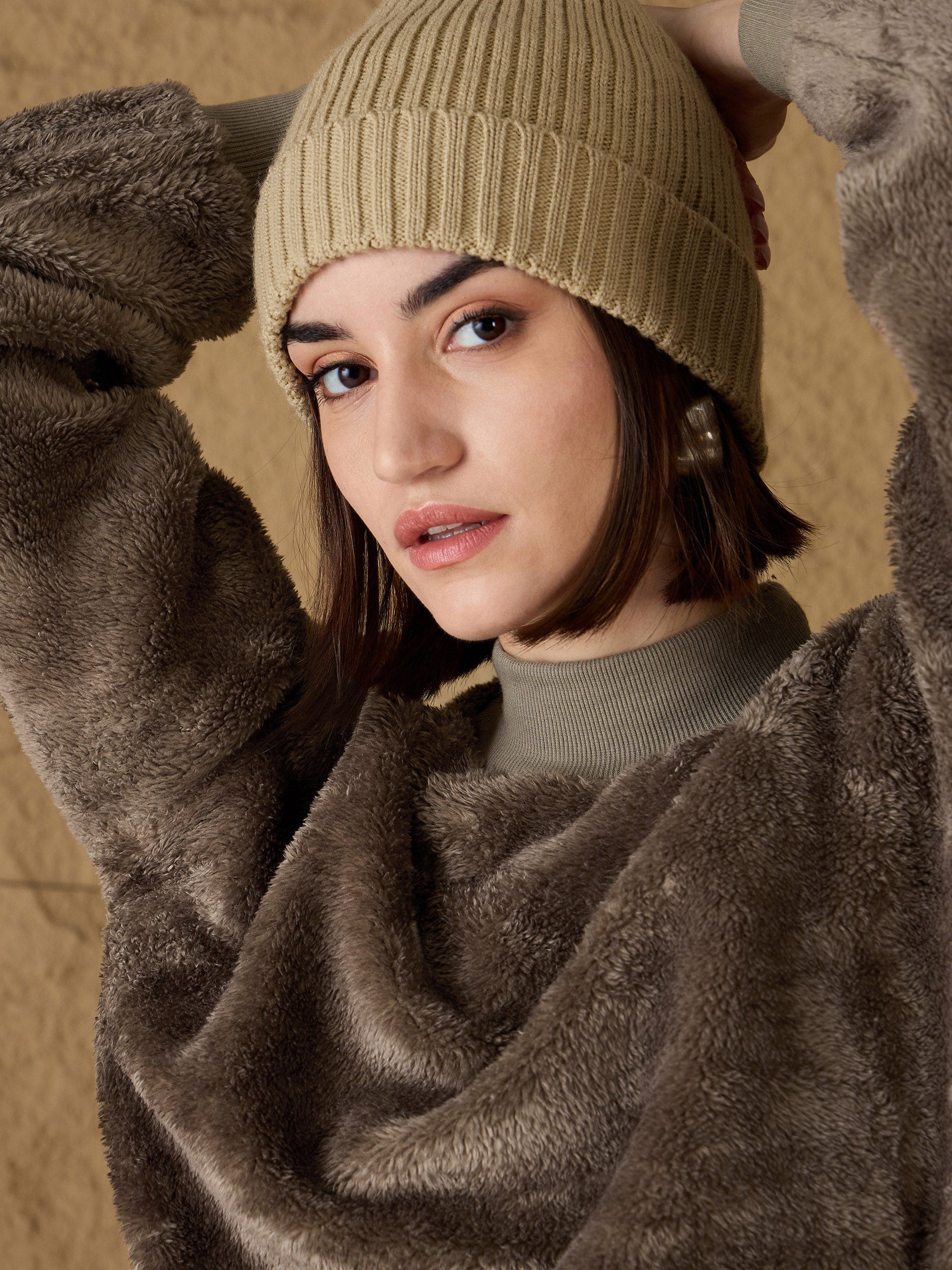 Brown Fur High Neck Sweatshirt-SASSAFRAS