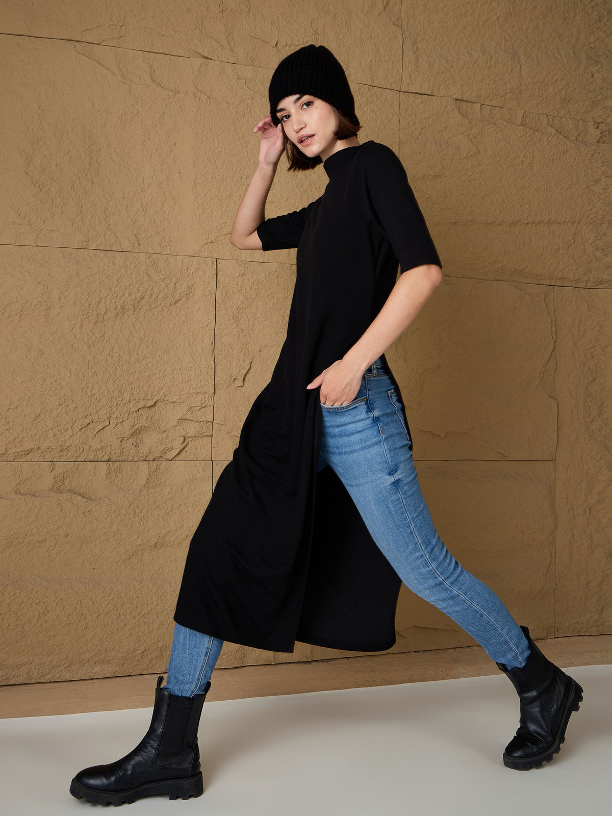 Black High-Neck High Slit Sweater-SASSAFRAS