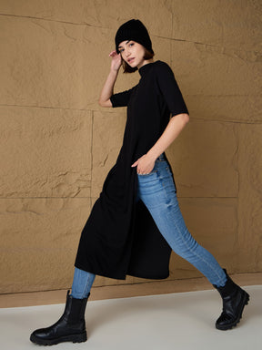 Black High-Neck High Slit Sweater-SASSAFRAS