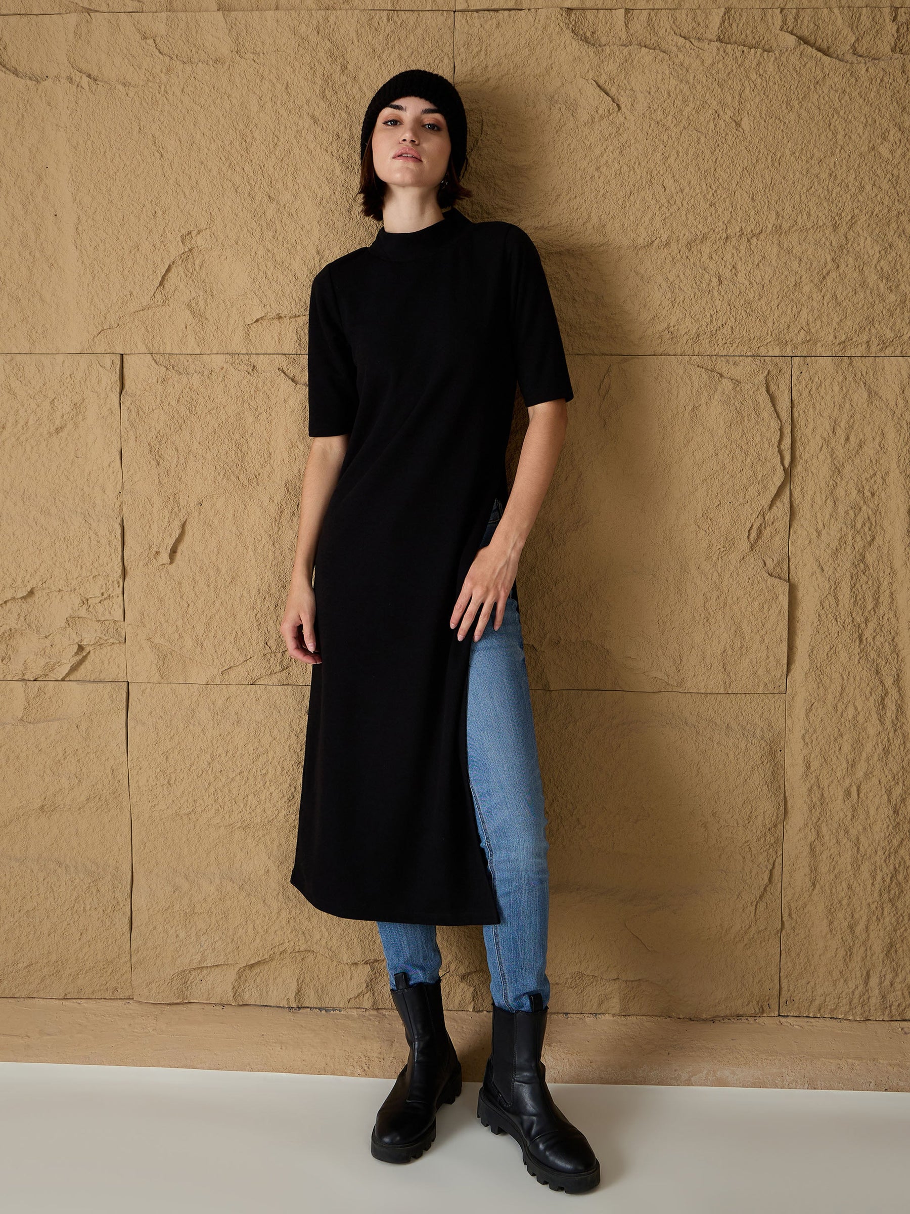 Black High-Neck High Slit Sweater-SASSAFRAS