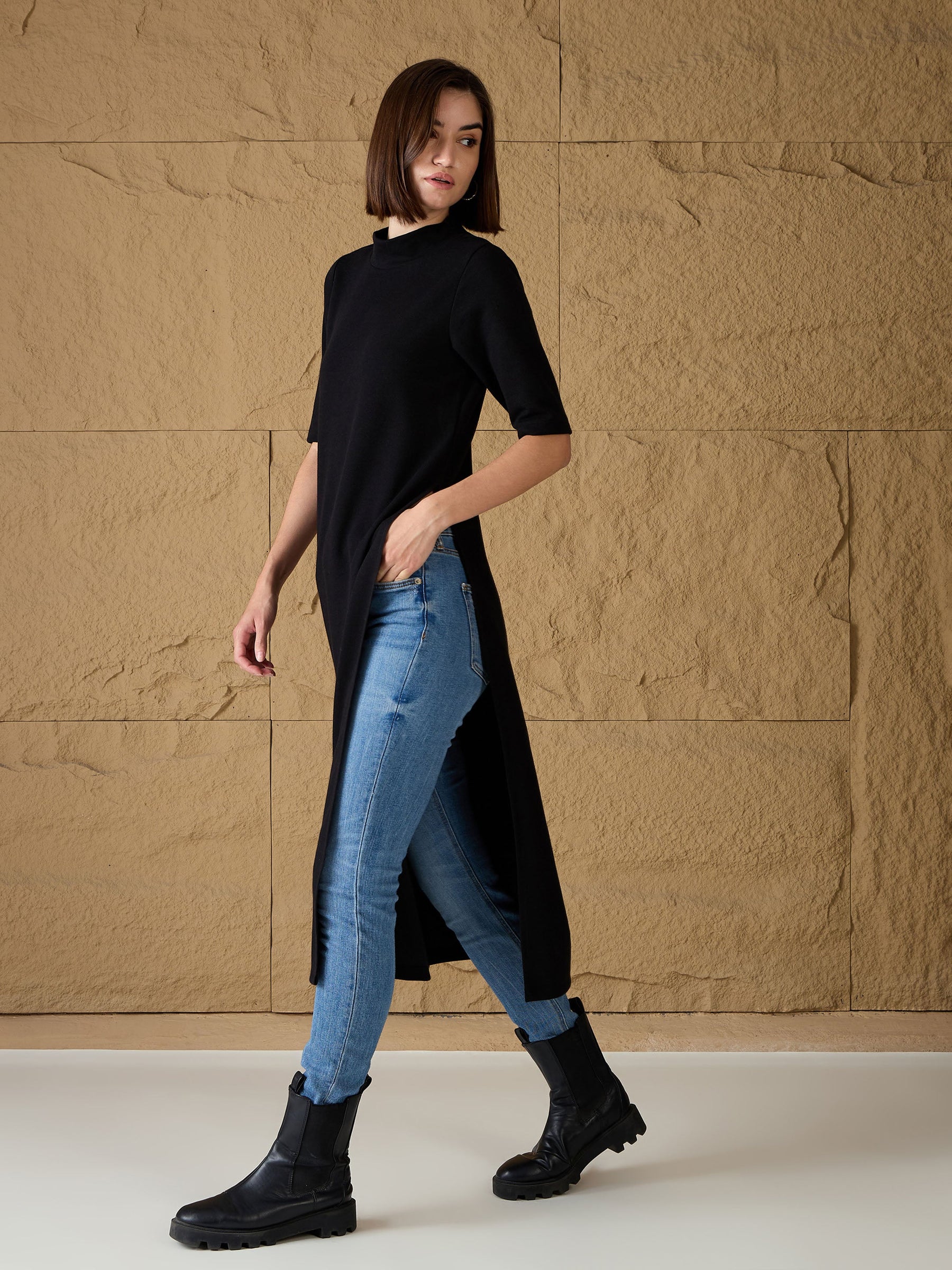 Black High-Neck High Slit Sweater-SASSAFRAS