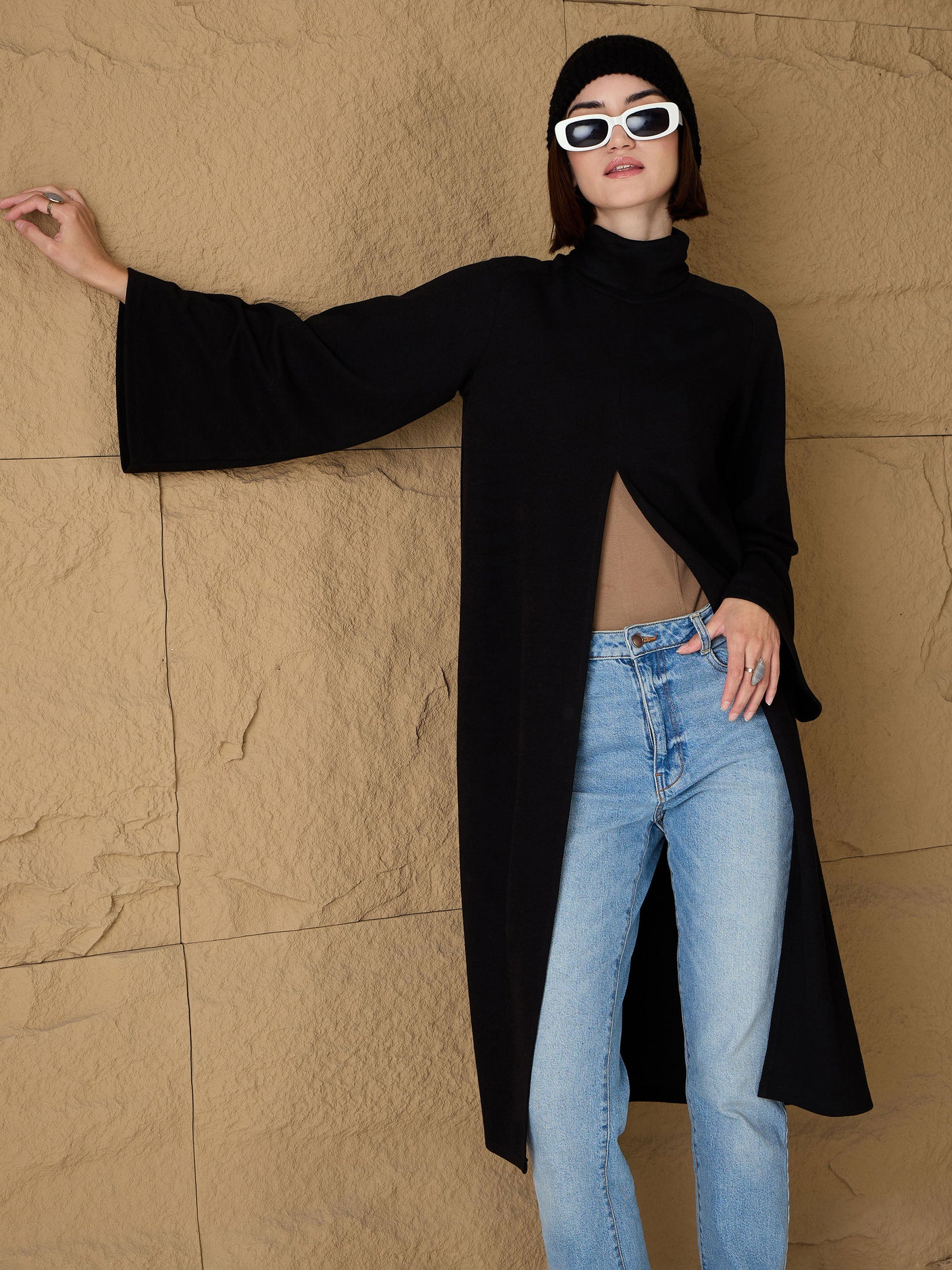 Buy Black Turtle-Neck Front High Slit Sweater Online At Best Price