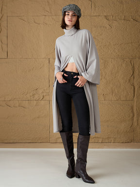 Grey Turtle-Neck Front High Slit Sweater-SASSAFRAS