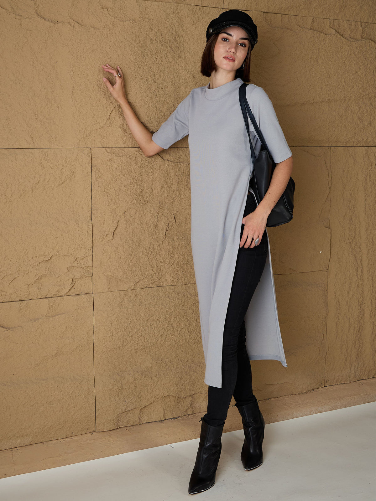 Grey High-Neck High Slit Sweater-SASSAFRAS