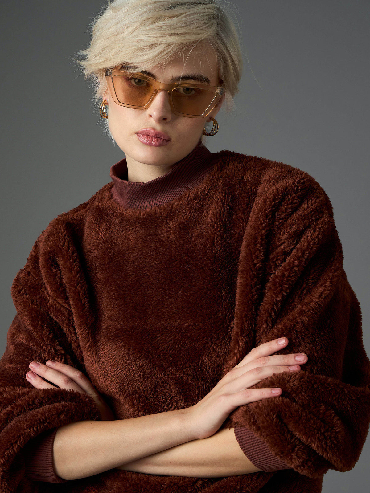 Brown Balloon Sleeve Faux Fur Sweatshirt-SASSAFRAS