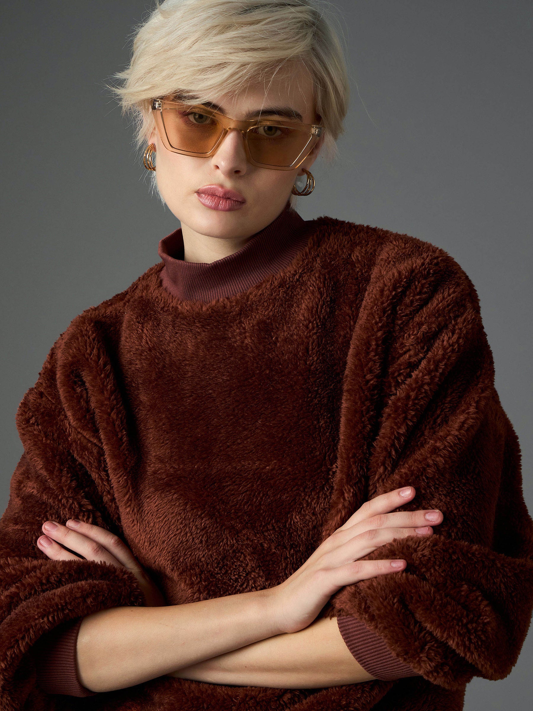 Brown Balloon Sleeve Faux Fur Sweatshirt-SASSAFRAS