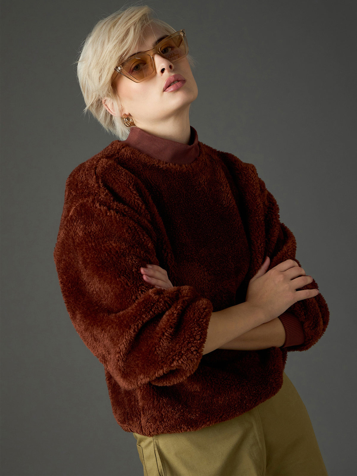 Brown Balloon Sleeve Faux Fur Sweatshirt-SASSAFRAS