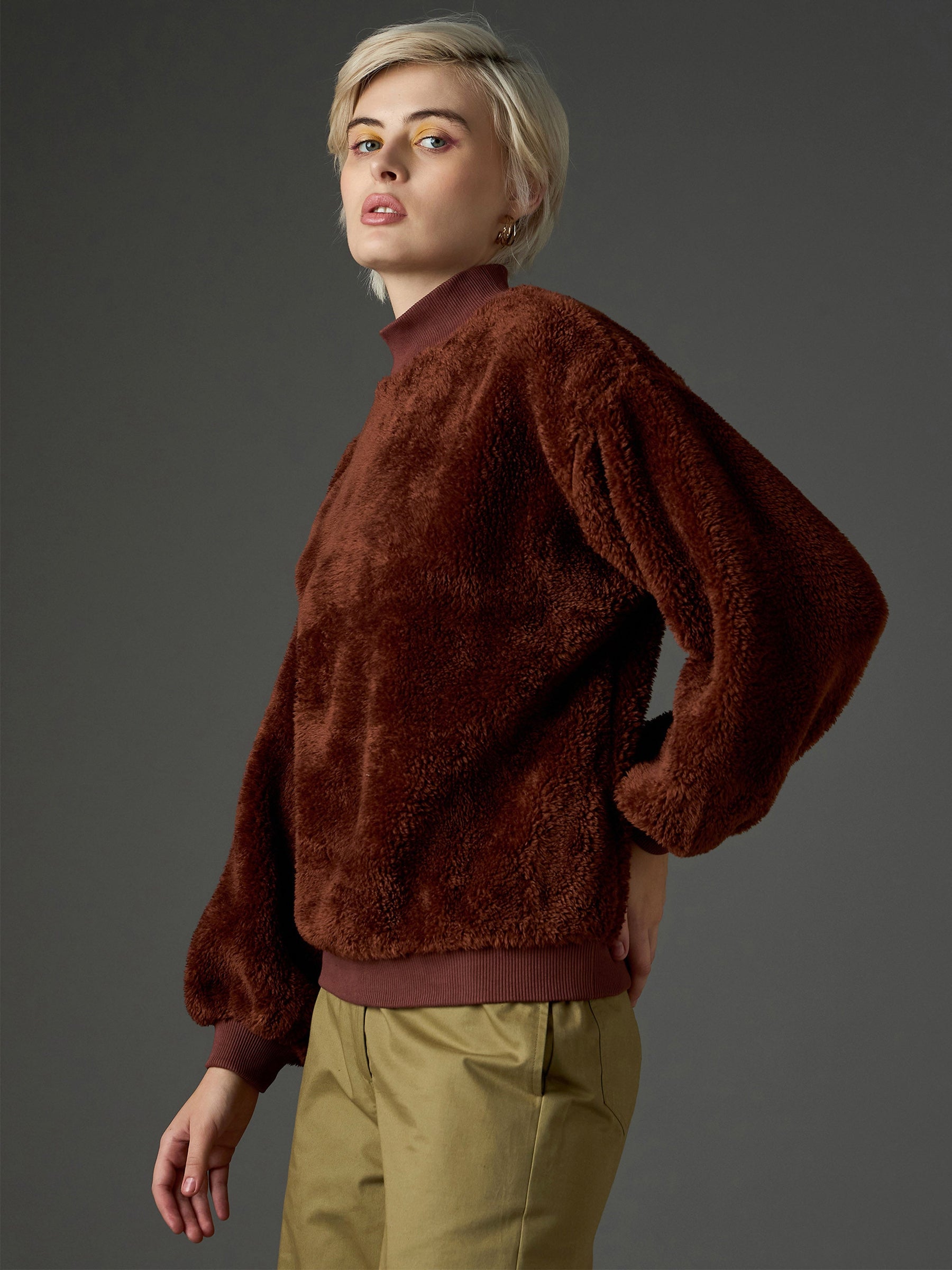 Brown Balloon Sleeve Faux Fur Sweatshirt-SASSAFRAS