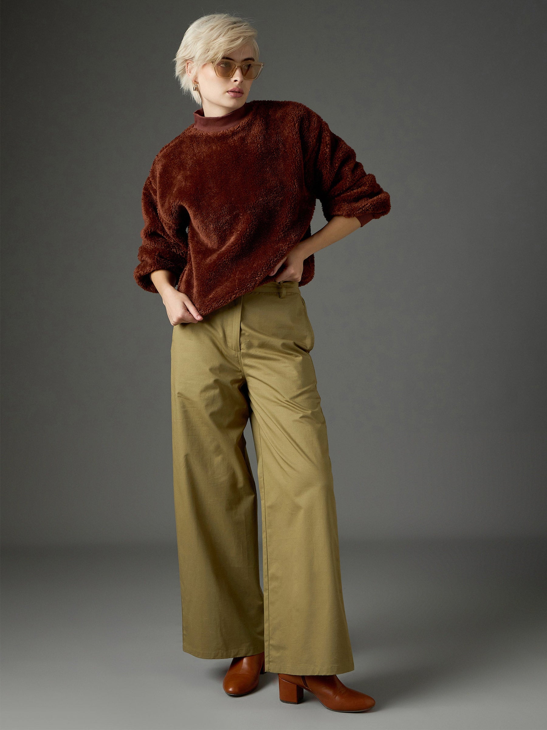 Brown Balloon Sleeve Faux Fur Sweatshirt-SASSAFRAS