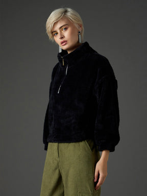 Black Zip Front Faux Fur Crop Sweatshirt-SASSAFRAS
