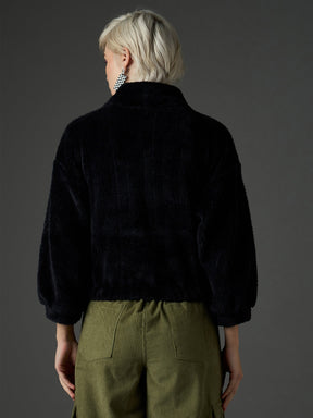 Black Zip Front Faux Fur Crop Sweatshirt-SASSAFRAS
