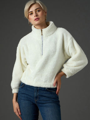 White Zip Front Faux Fur Crop Sweatshirt-SASSAFRAS