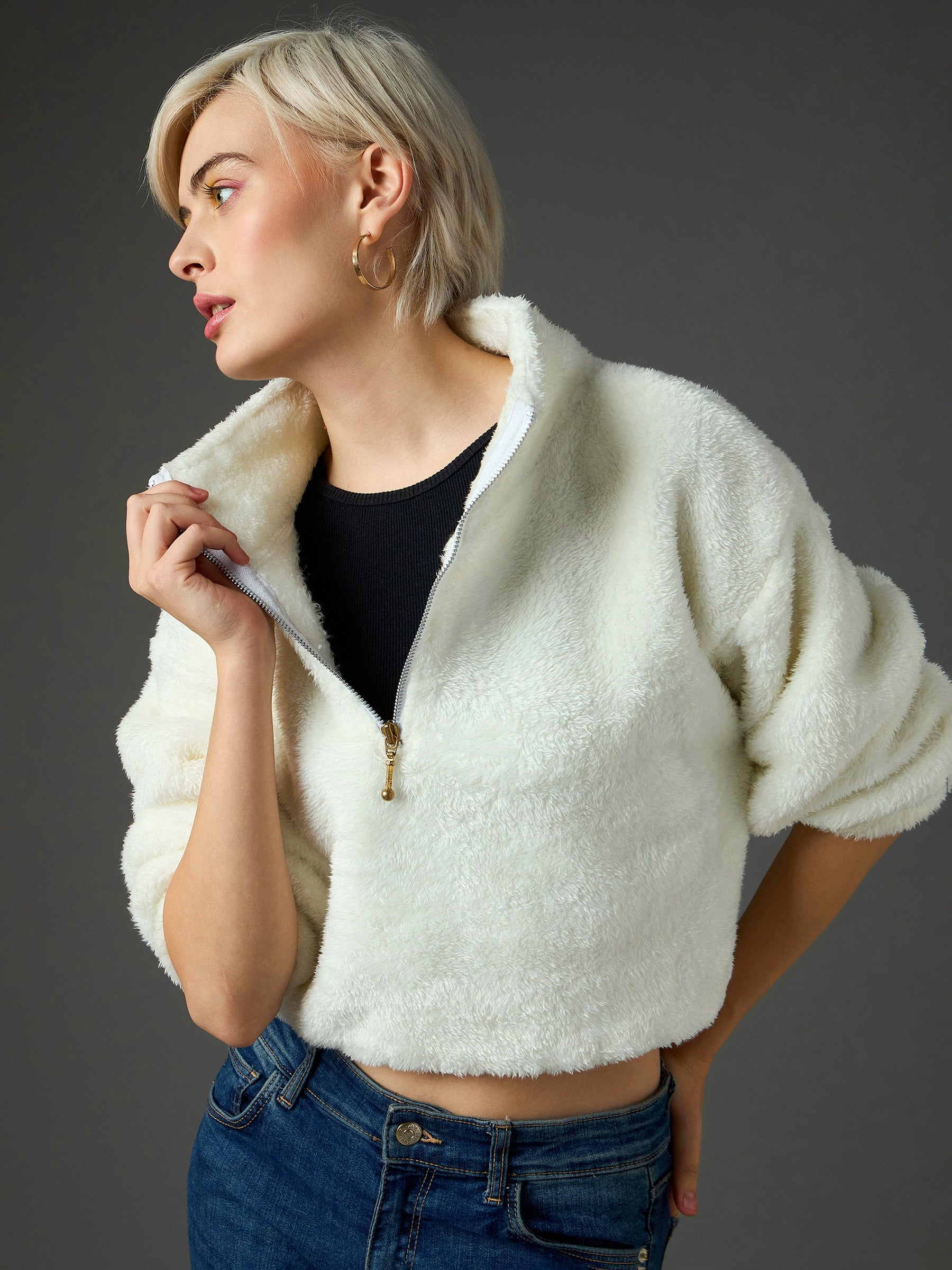 White Zip Front Faux Fur Crop Sweatshirt-SASSAFRAS