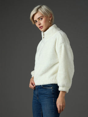 White Zip Front Faux Fur Crop Sweatshirt-SASSAFRAS