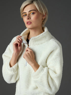White Zip Front Faux Fur Crop Sweatshirt-SASSAFRAS