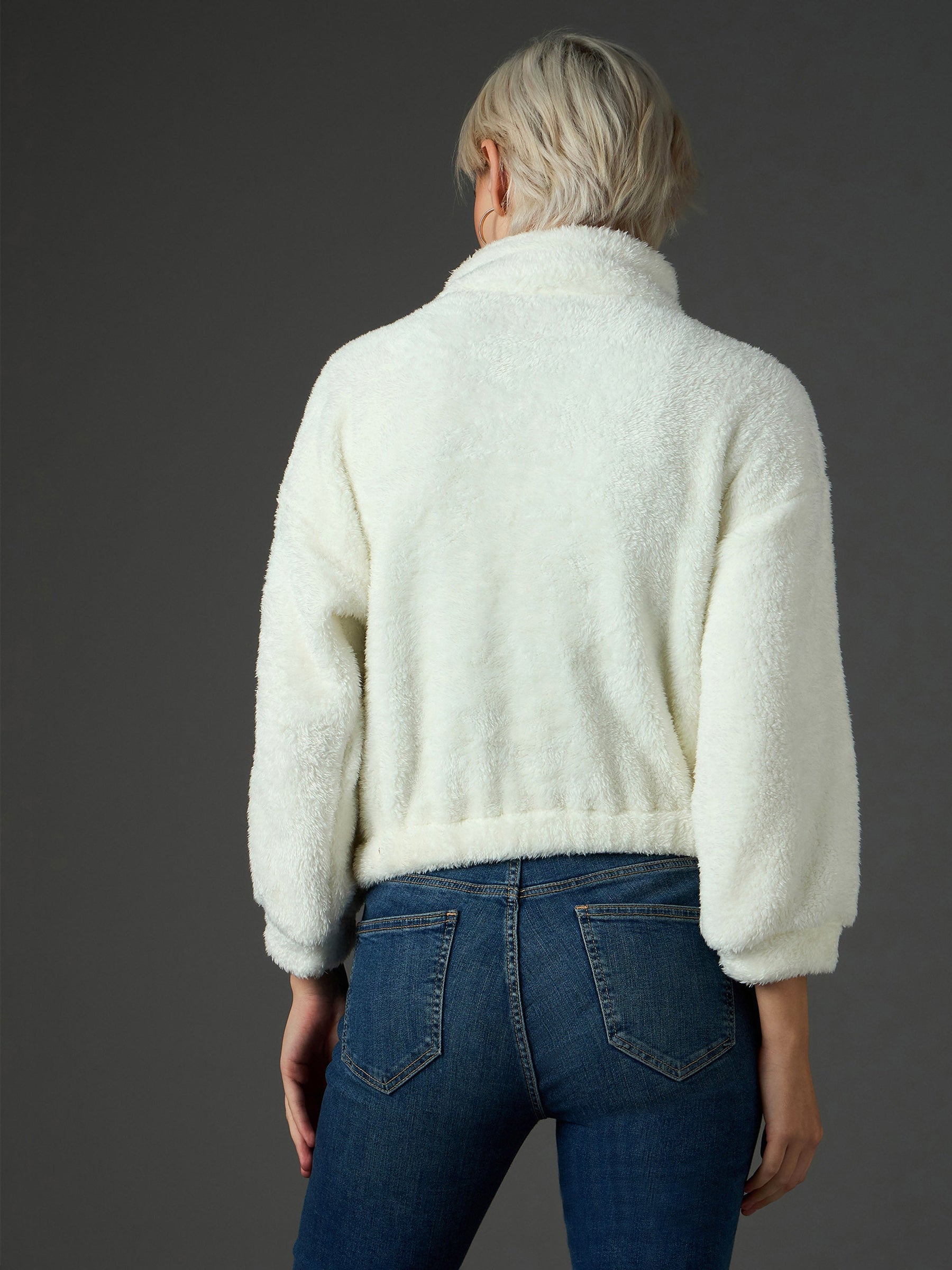 White Zip Front Faux Fur Crop Sweatshirt-SASSAFRAS