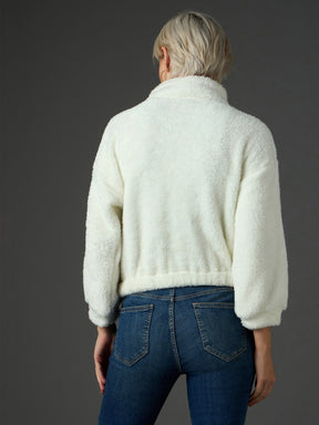 White Zip Front Faux Fur Crop Sweatshirt-SASSAFRAS