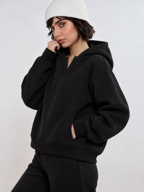 Black Fleece Side Pocket Oversized Hoodie-SASSAFRAS
