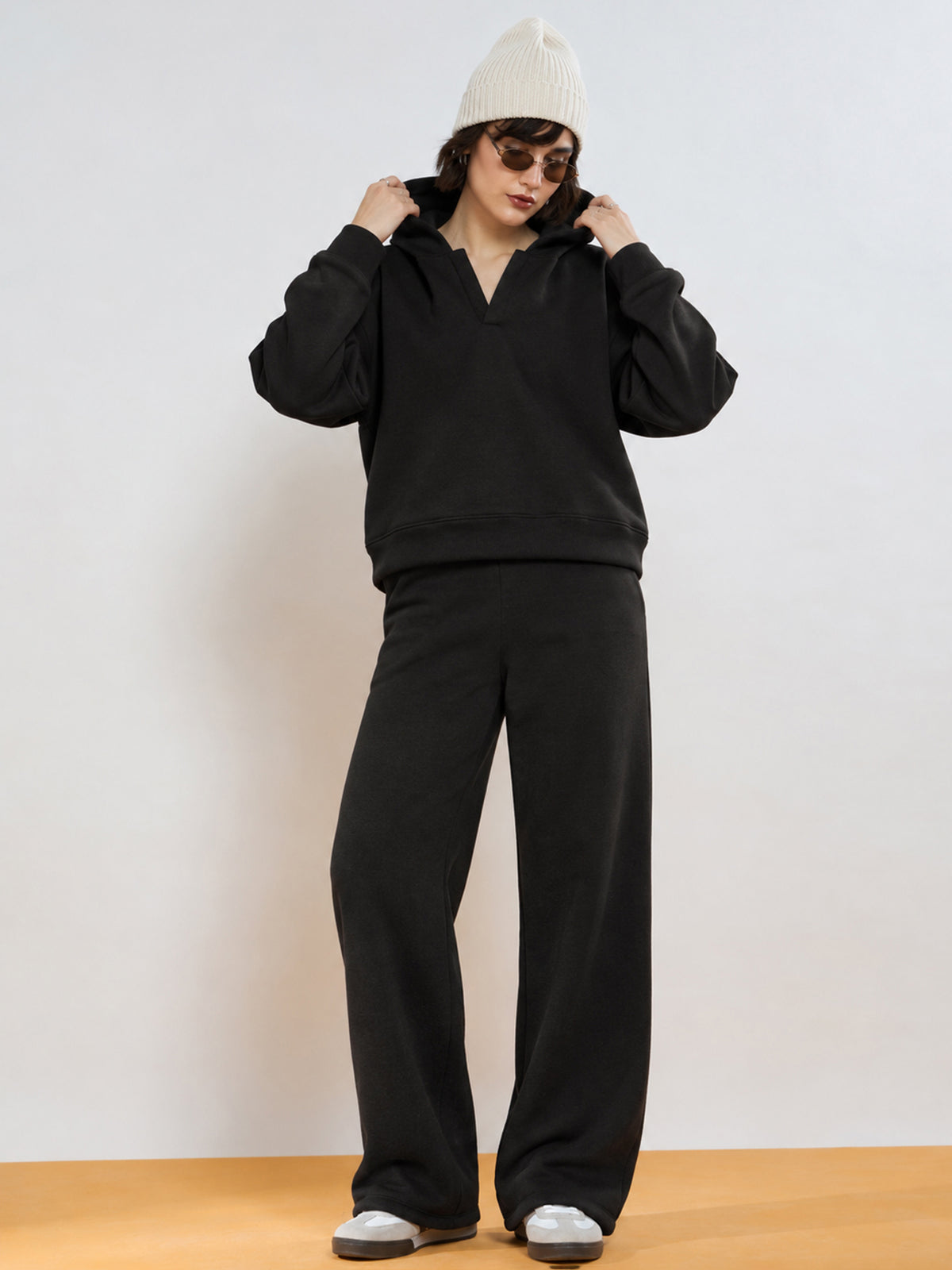 Black Fleece Side Pocket Oversized Hoodie With Track Pants-SASSAFRAS