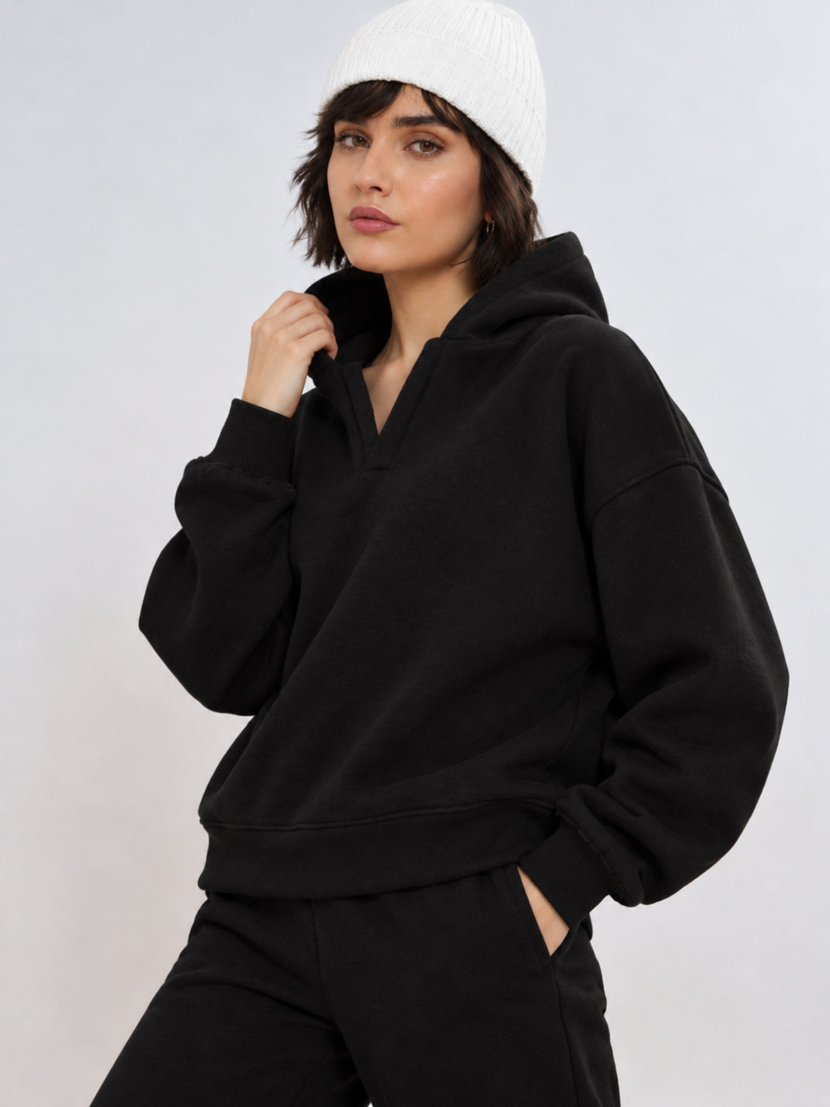 Black Fleece Side Pocket Oversized Hoodie With Track Pants-SASSAFRAS