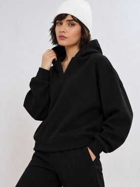 Black Fleece Side Pocket Oversized Hoodie With Track Pants-SASSAFRAS