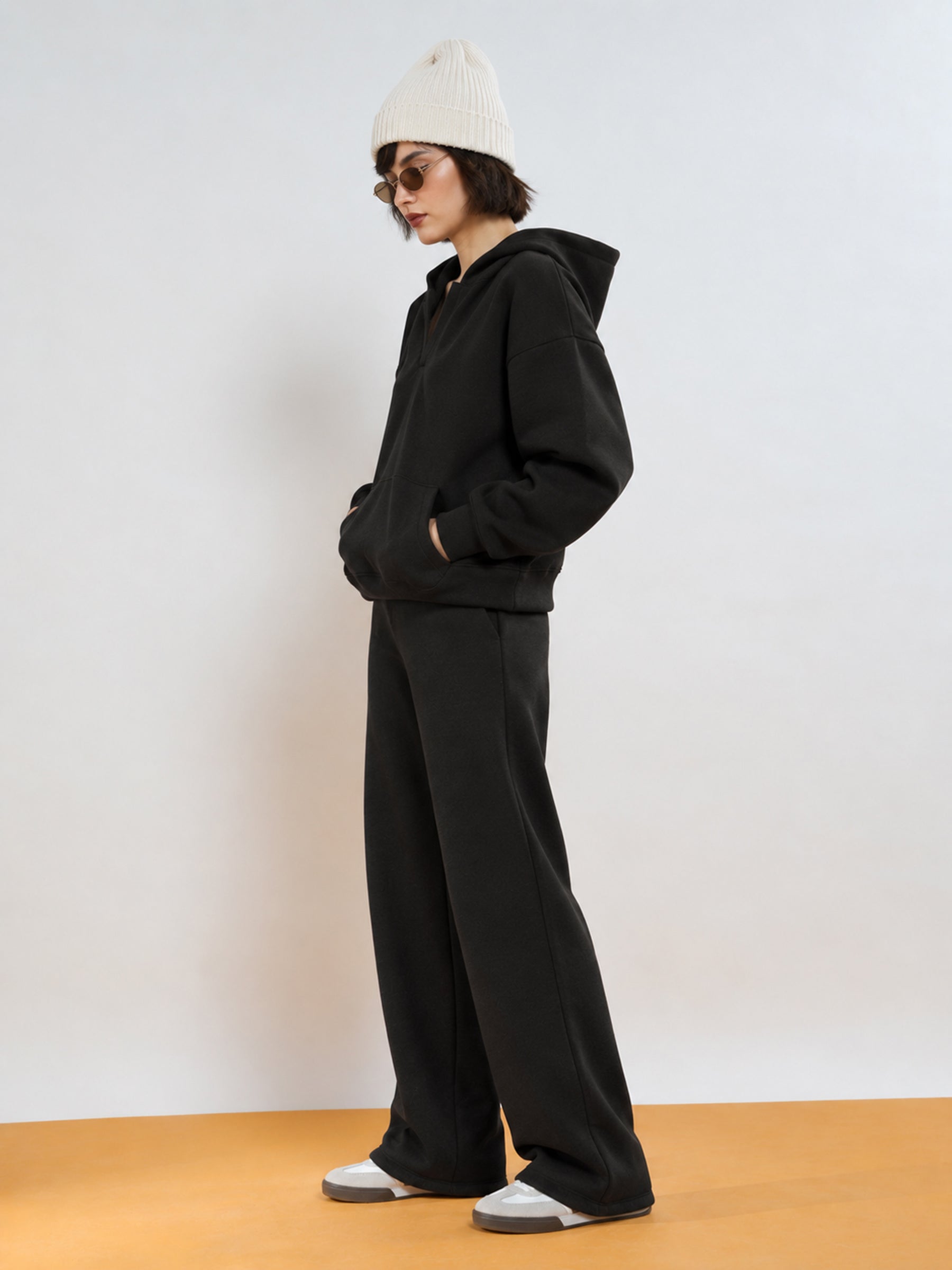 Black Fleece Side Pocket Oversized Hoodie With Track Pants-SASSAFRAS