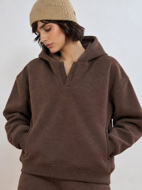 Brown Melange Fleece Side Pocket Oversized Hoodie-SASSAFRAS