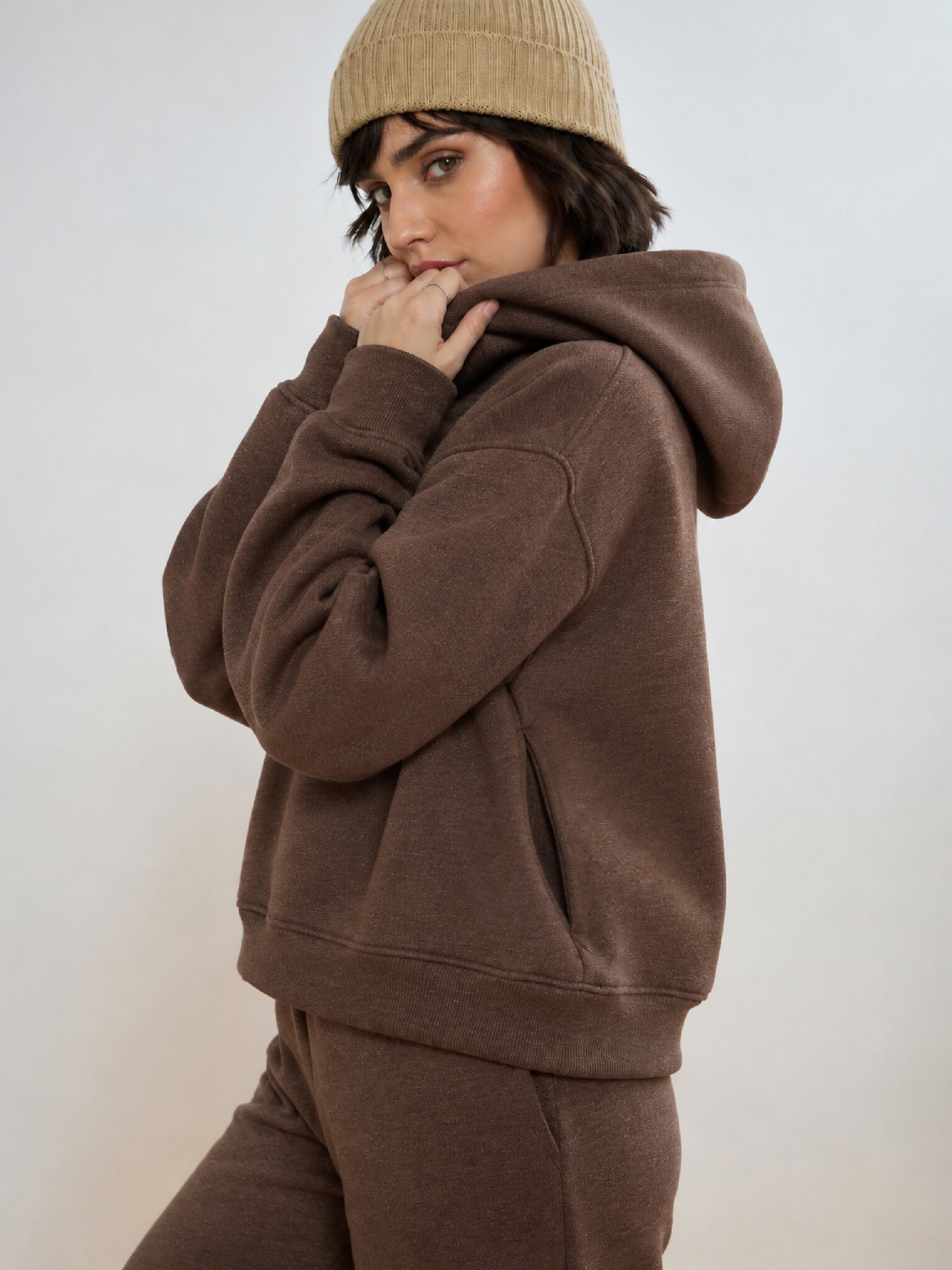 Brown Melange Fleece Side Pocket Oversized Hoodie-SASSAFRAS