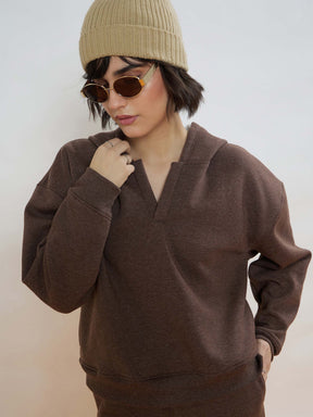 Brown Melange Fleece Side Pocket Oversized Hoodie-SASSAFRAS
