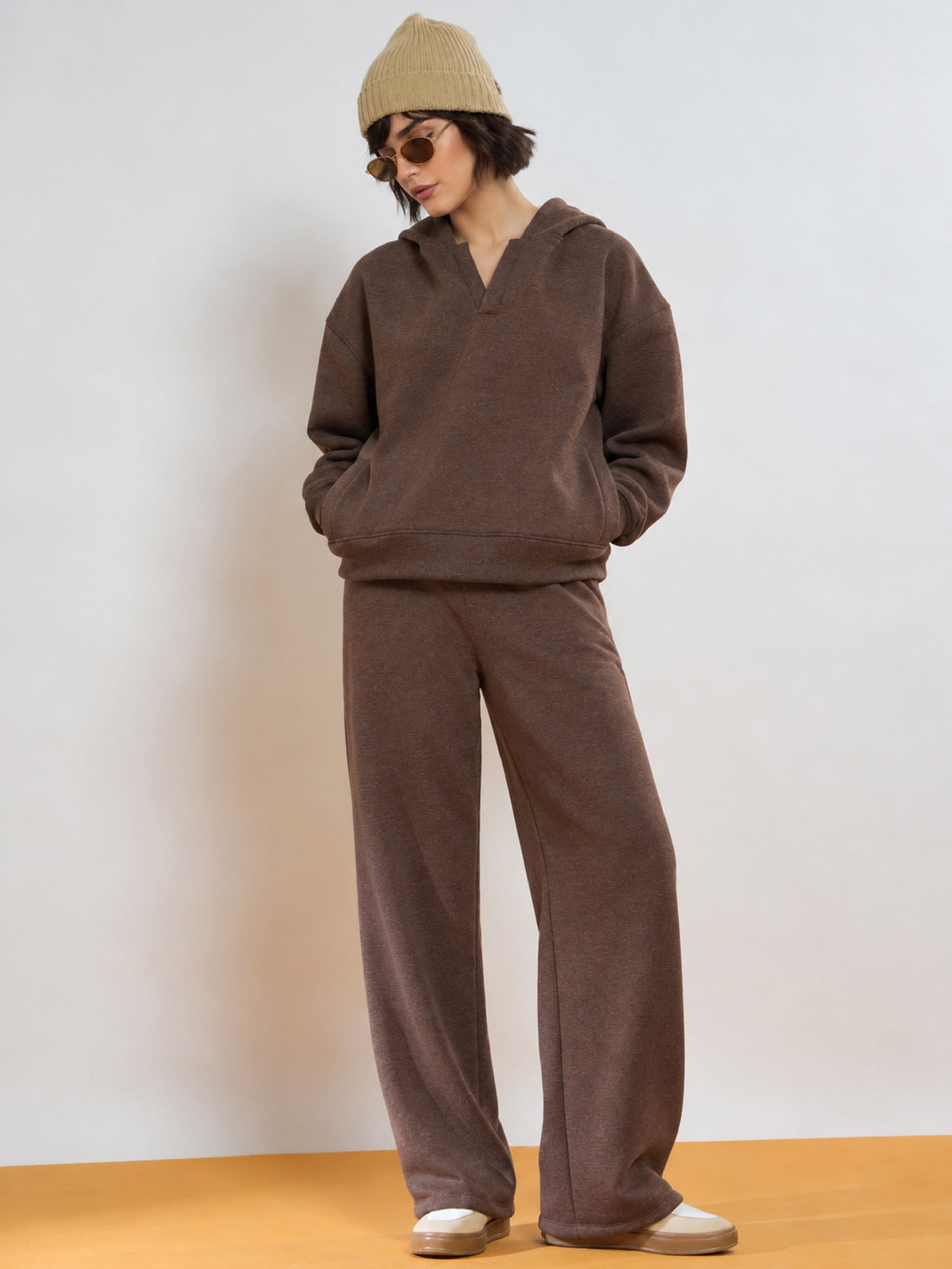 Brown Melange Fleece Side Pocket Oversized Hoodie With Track Pants-SASSAFRAS