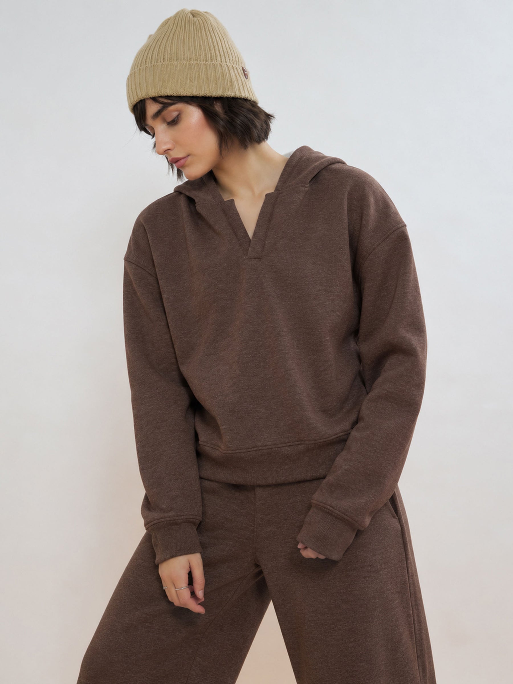 Brown Melange Fleece Side Pocket Oversized Hoodie With Track Pants-SASSAFRAS