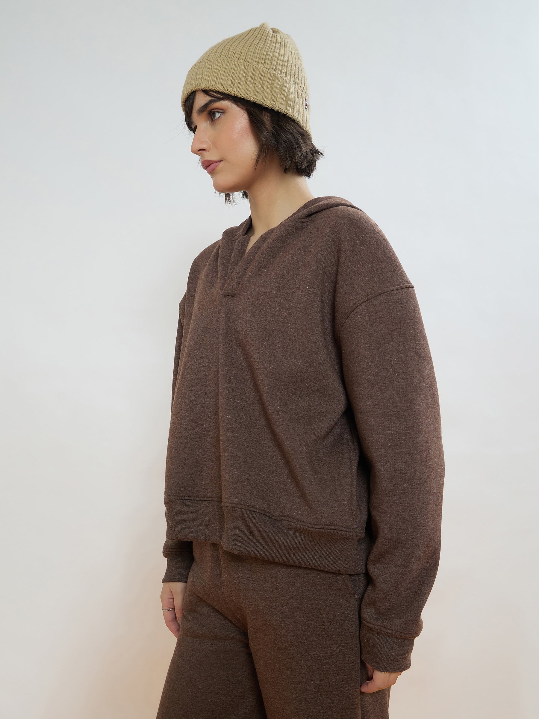 Brown Melange Fleece Side Pocket Oversized Hoodie With Track Pants-SASSAFRAS