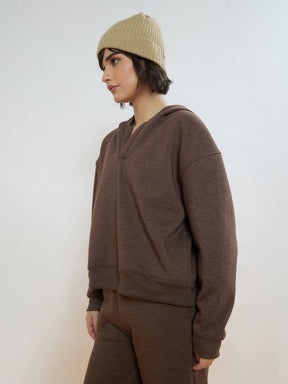Brown Melange Fleece Side Pocket Oversized Hoodie With Track Pants-SASSAFRAS