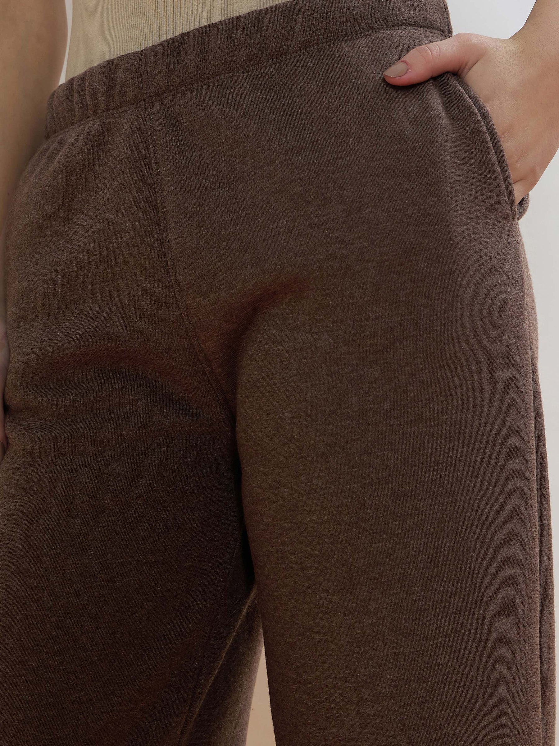 Brown Melange Fleece Side Pocket Oversized Hoodie With Track Pants-SASSAFRAS