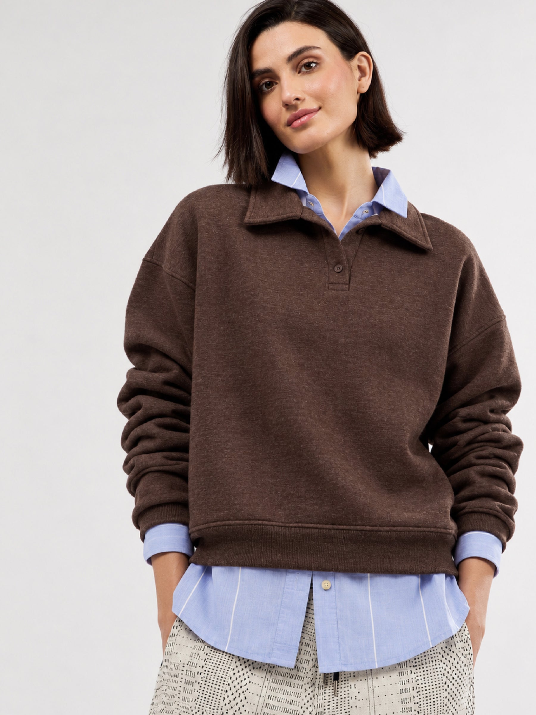 Brown Melange Fleece Collar Button Sweatshirt-SASSAFRAS