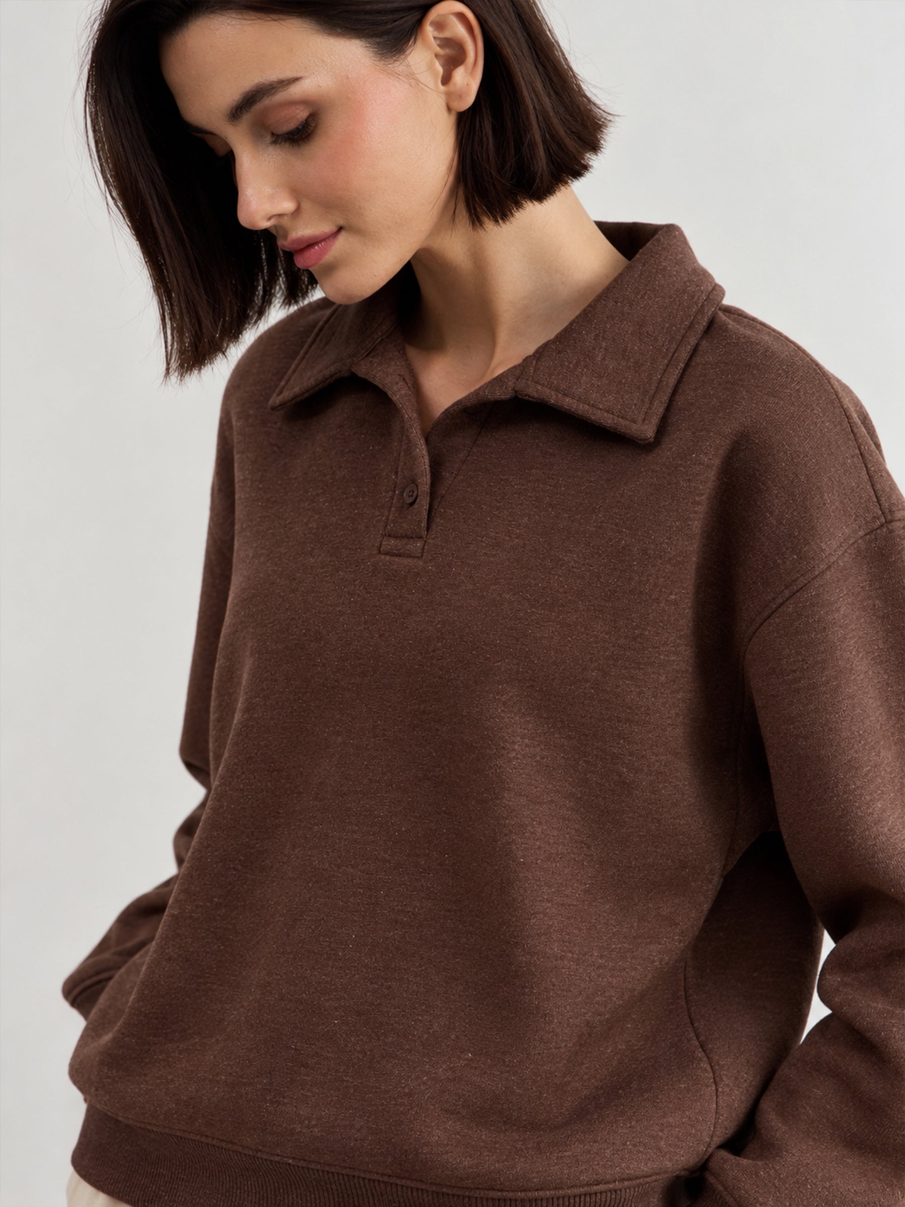 Brown Melange Fleece Collar Button Sweatshirt-SASSAFRAS